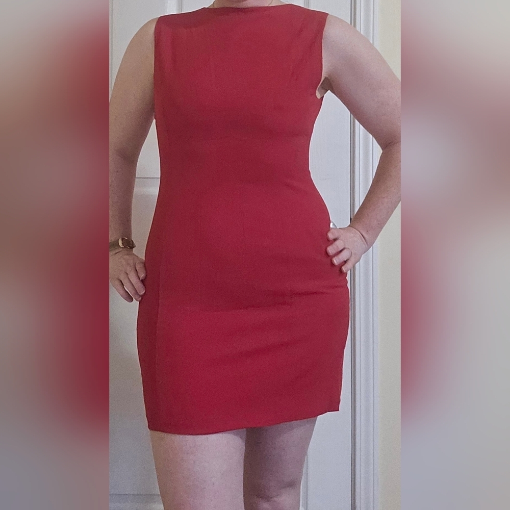 Commense Red Sleeveless Sheath Mini Dress V-neck Crewneck Classic
